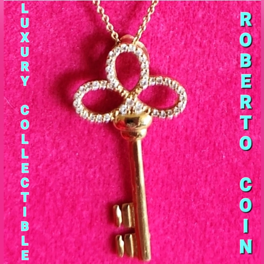 ROBERTO COIN HTF 18kt Gold Chain KEY Pendant .21 kt Diamonds 16" Necklace